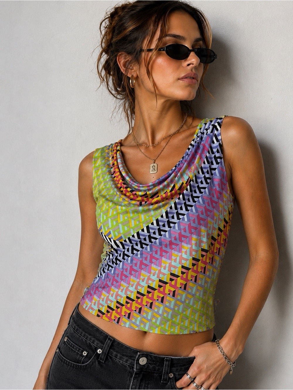 Calvin Klein Geometric Print Cowl Neck Sleeveless Top Colorful Mod Art Stretch